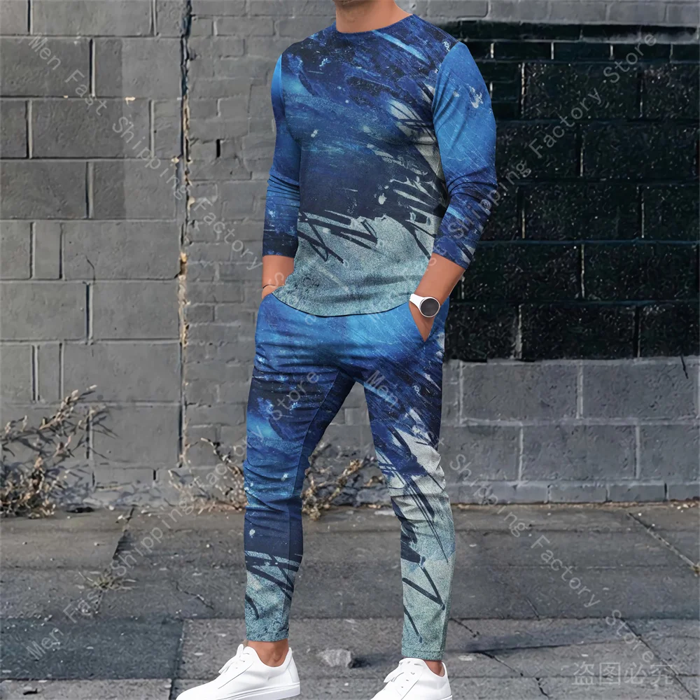 Men Long Sleeve T Shirt Pants 2 Piece Sets O Neck T-shirts Tracksuits Print Sweatshirt Suits Sweatpants Outfits Men's Clothing