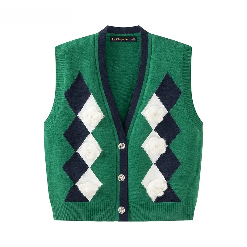 La Chapelle Autumn and Winter Diamond Plaid Knit cardigan Vest All-Matching Sleeveless Waistcoat Women