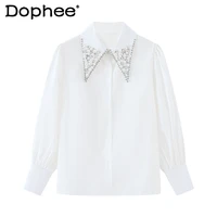 beads diamond polo collar top white long sleeved shirt for women 2022 spring loose casual blouse solid color all match blusas