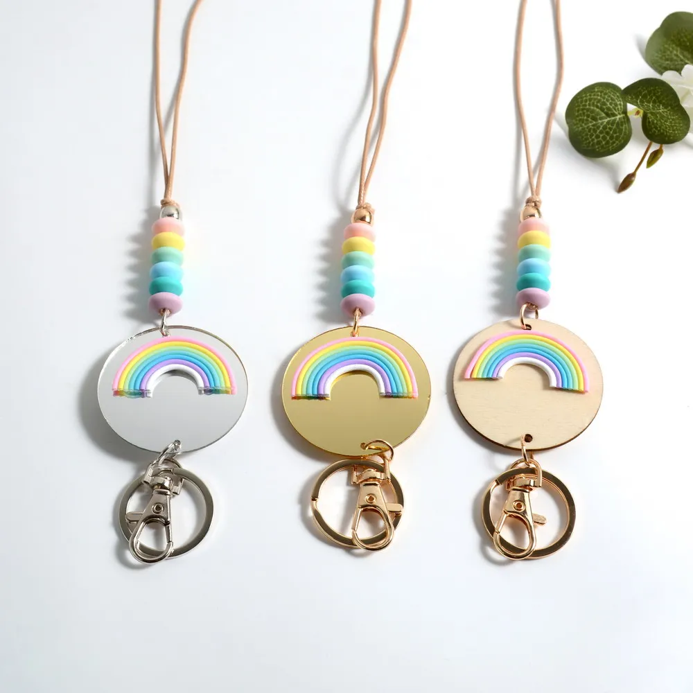 

2023 Rainbow Silicone Bead Keychain Necklace For Women Boho Colourful Lanyard Keys ID Badge Teachers Student Accessories Gift