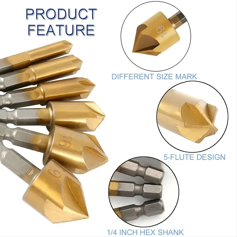 Набор Сверл С Зенковкой Ts-6 6 Шт. Шестигранный Хвостовик 1/4 Дюйма 90 Градусов 5