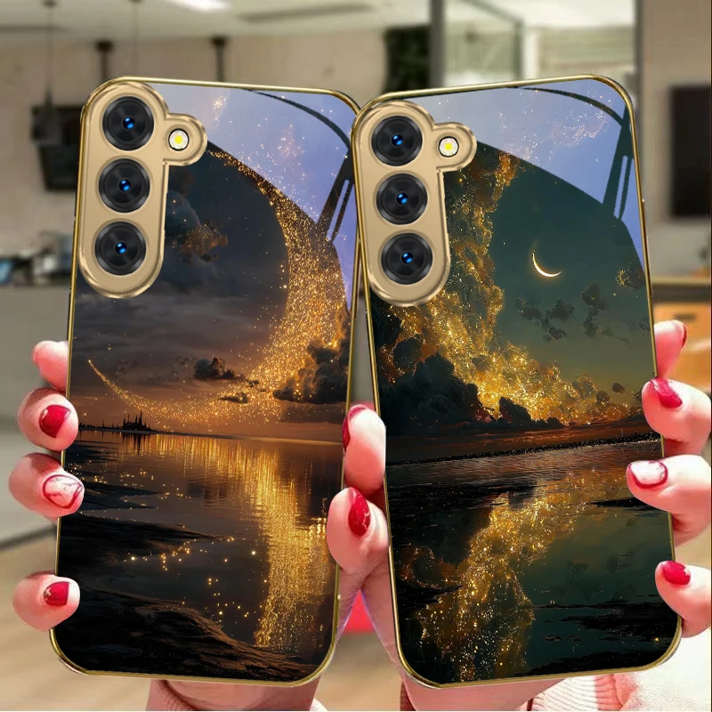 Фото Чехол для телефона Samsung Galaxy S26 S20 FE S21Plus S22 23 Plus S24 Ultra S25 S21+ S9+ 22Plus из золотого стекла с дизайном «Море и небо на закате» №4