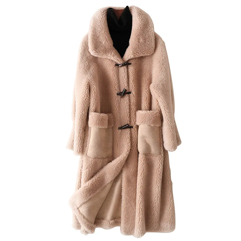 

High Quality Mid-Length Granular Sheep Sheared Wool Coat Women 2023 Winter New warm Lamb Fur Jacket Female Loose Overcoat H2695