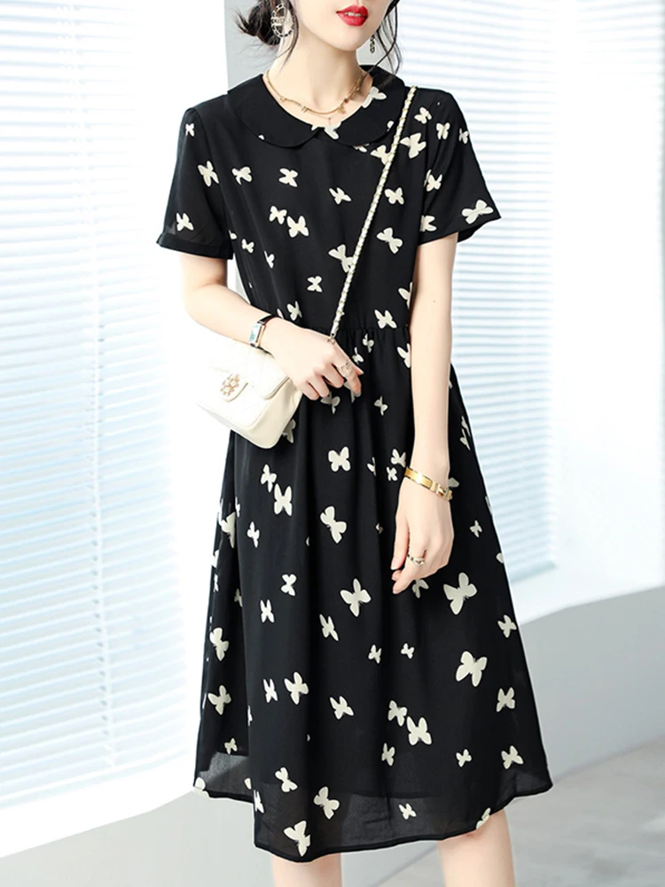 

Элегантные платья для женщин с принтом бабочки, черное Летнее мини-платье с кукольным воротником, Женская Повседневная Свободная одежда бо...
