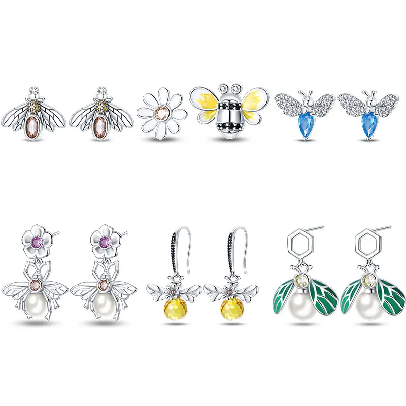 

Luxury 100% 925 Sterling Silver Original Charms Bee Series Earrings For Women Pave CZ Fine Engagement Anniversary Jewelry Gifts