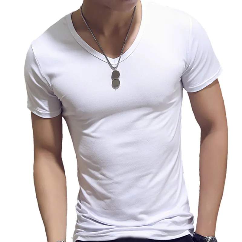 

B8851 Fashion Fitness V Neck Short Sleeve T-Shirt Summer Casual Gym Solid Color Tops Plus Size Slim Polyester T-Shirts