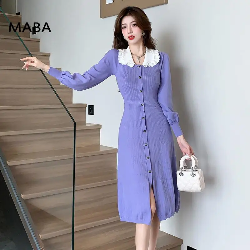 

Женское трикотажное платье-трапеция, длинное облегающее однобортное платье средней длины с воротником «Питер Пэн», модель Y2k на осень-зиму