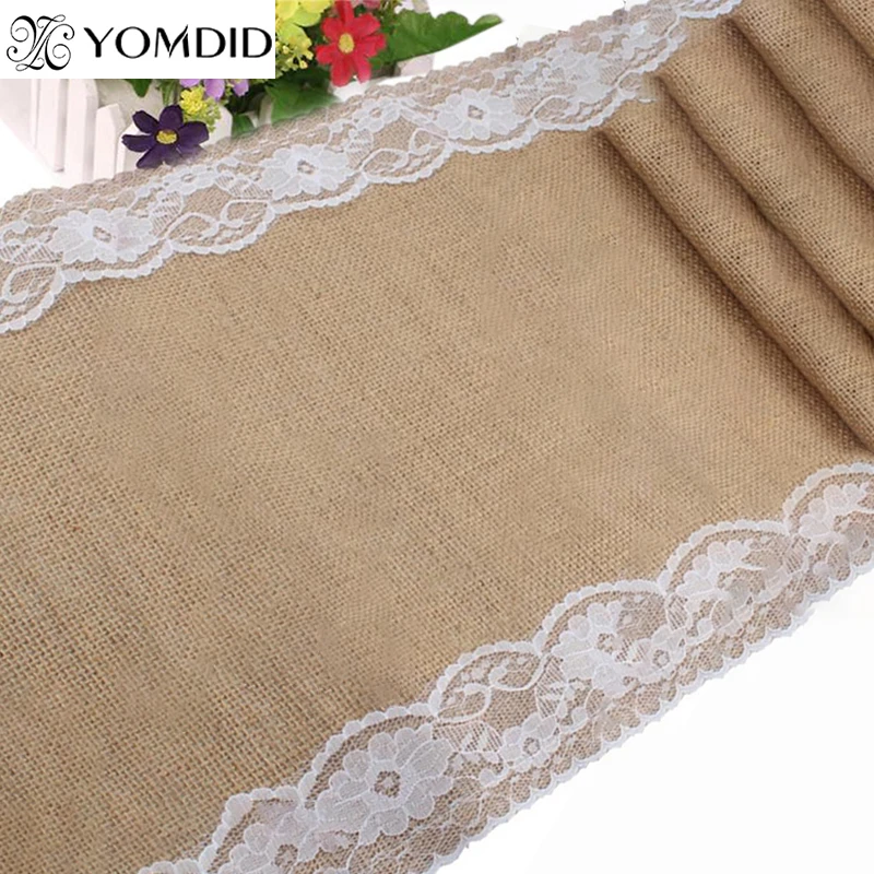 YOMDID Vintage Retro Burlap Linen Jute Event Party Supplies Wedding Table Cloth Tablecloth Christmas White Lace Table Runner