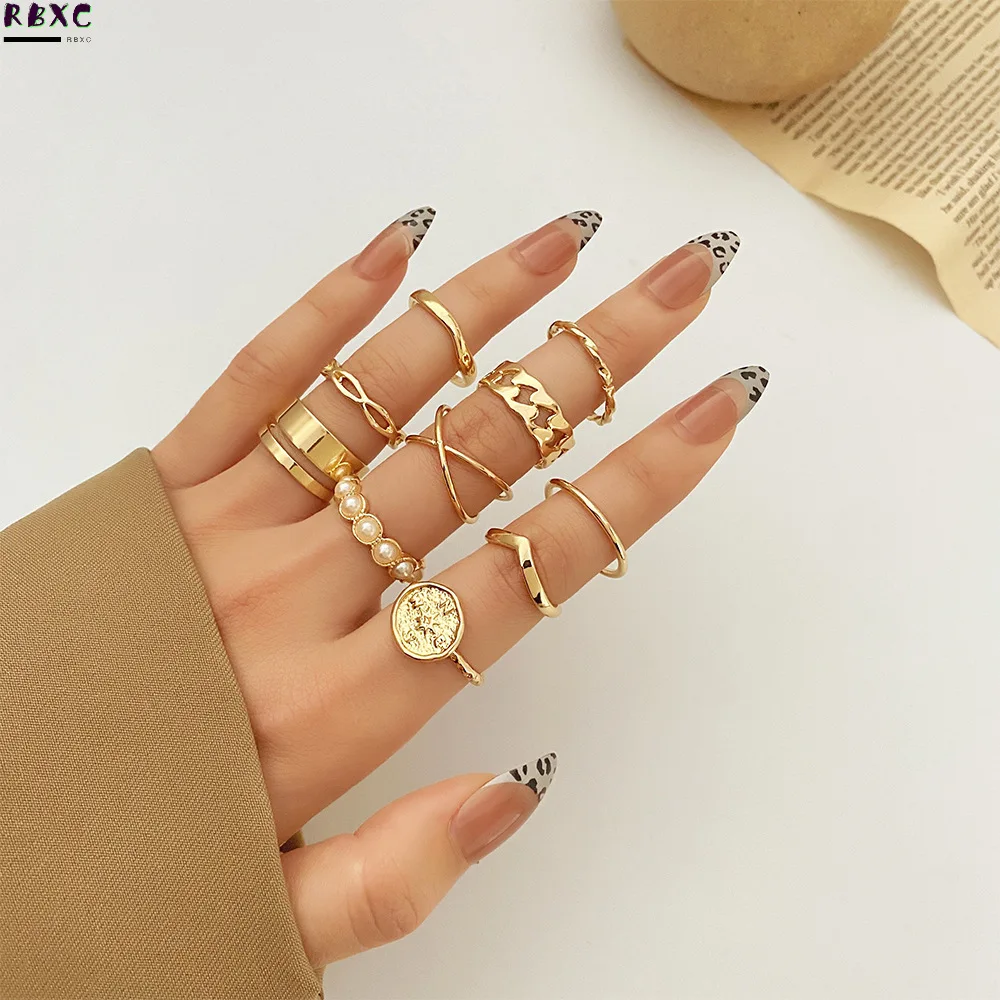 

RBXC 10 Pcs Vintage Fashion Cross Coin Finger Rings Set Woman Wedding Bridal Jewelry 2022 Trend Pearl Rings for Women Girls