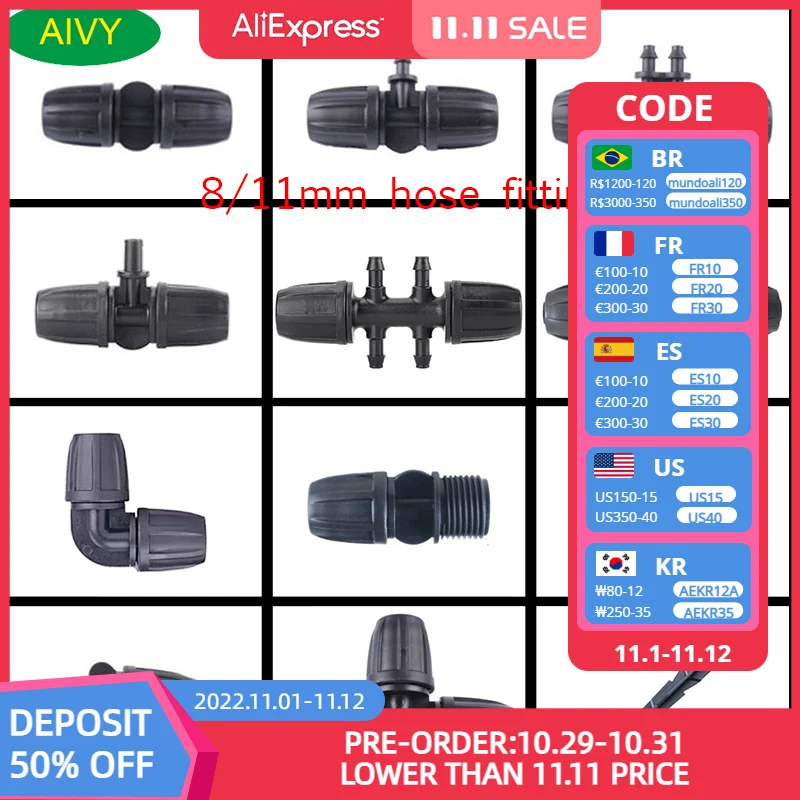 10 Pc 8/11mm Automatic Micro Drip Irrigation Connectors with latch 3/5 4/7 Hose Barb Adapters Garden Watering System Fittings