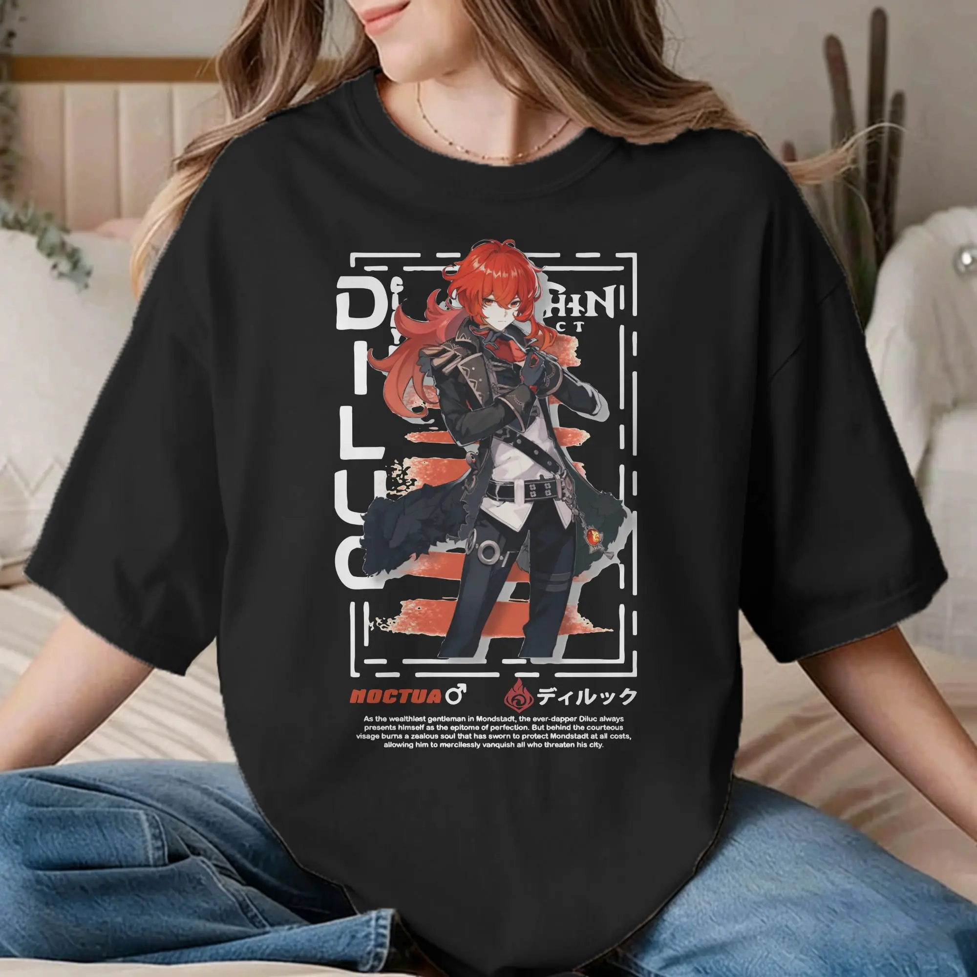 Фото Футболки Genshin Impact Diluc Streetwear для мужчин и женщин, футболки из чистого хлопка, футболки с круглым вырезом и короткими рукавами, топы для взрослых №1