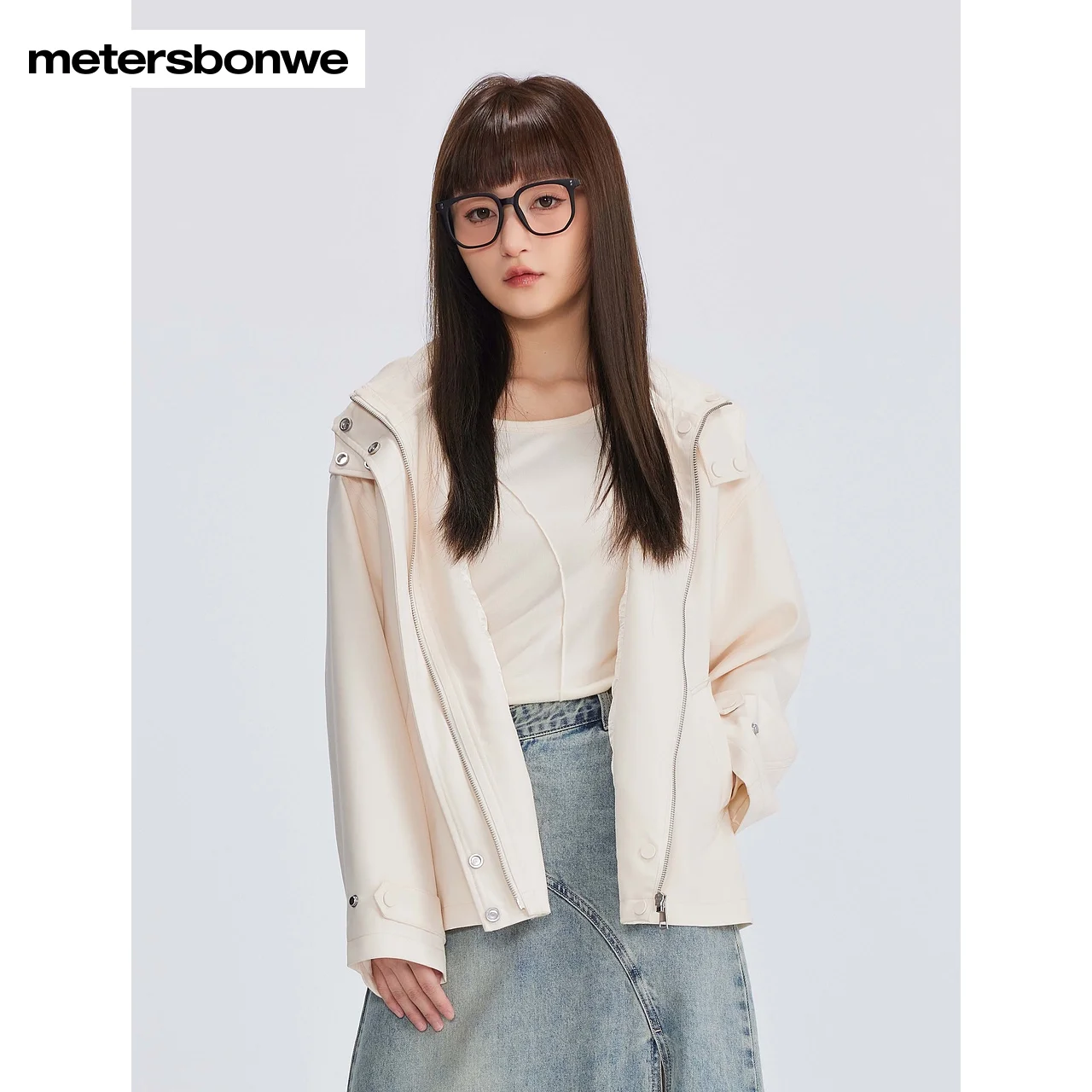 Metersbonwe-Женская короткая свободная базовая ветровка со съемным капюшоном