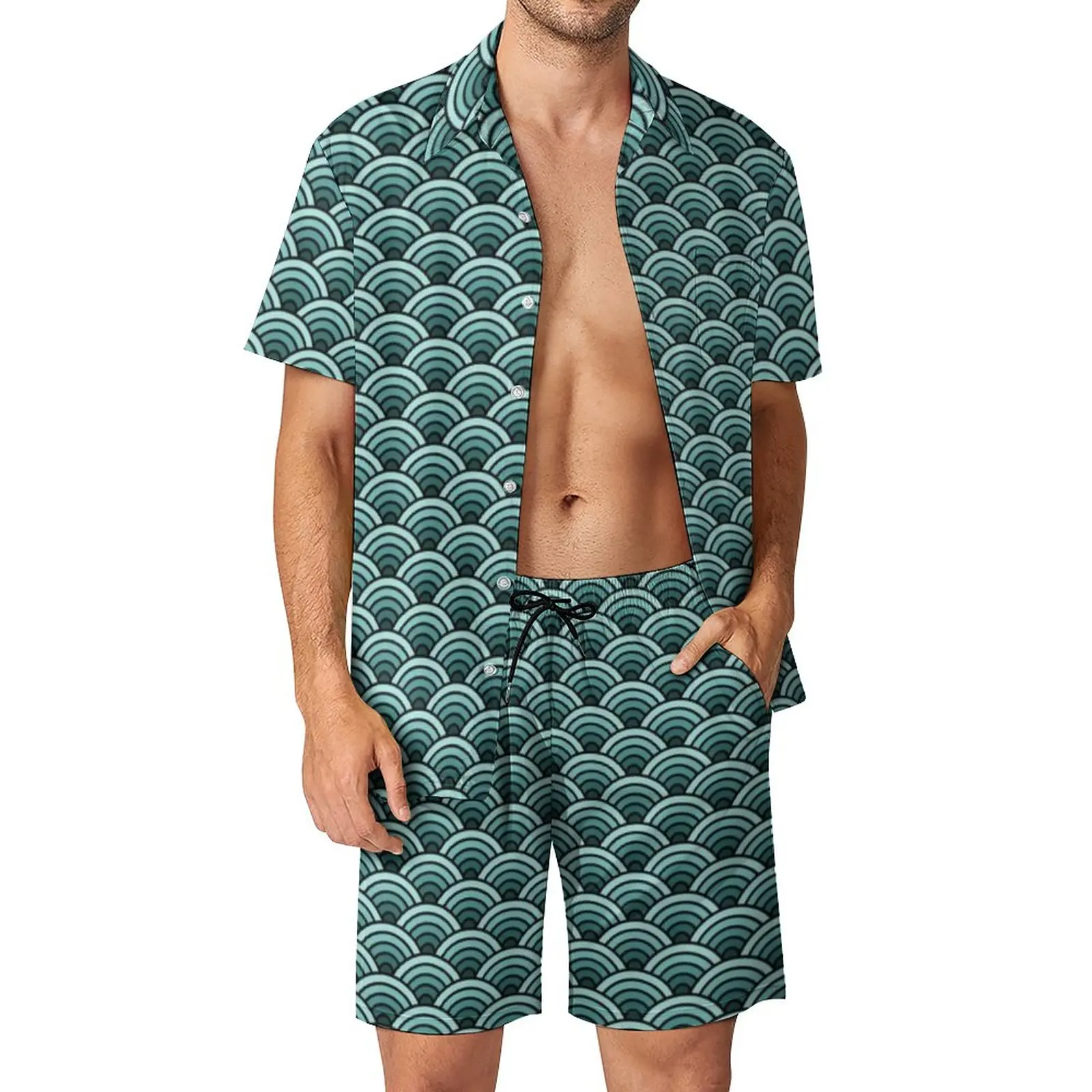 

Green Blue Seigaiha Men Sets Traditional Japan Casual Shirt Set Funny Outdoor Shorts Summer Suit Two-piece Big Size