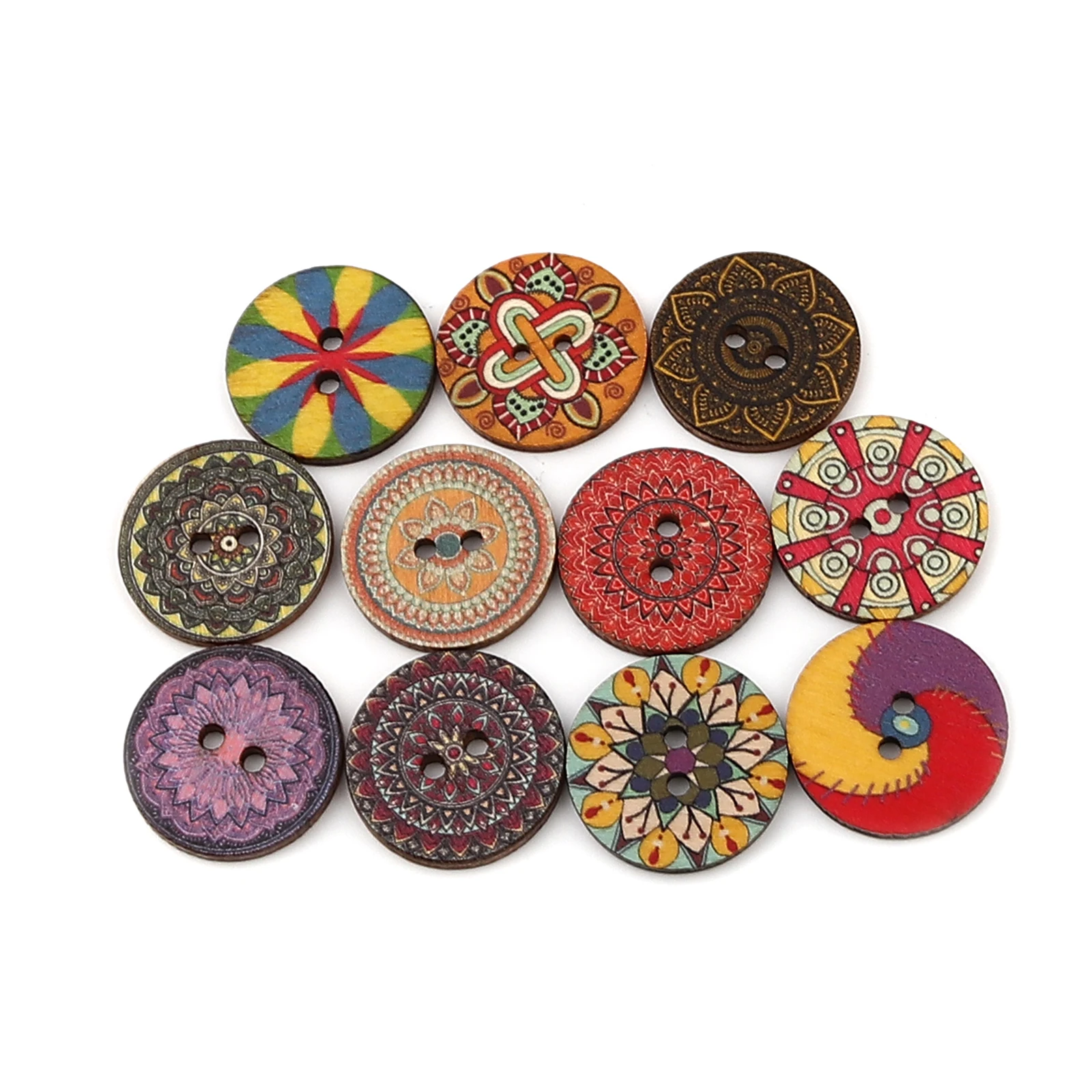 100 PCs 20mm 25mm Dia. Wood Buddhism Mandala Sewing Buttons Scrapbooking Two Holes Round Multicolor Flower  For DIY Craft Making images - 6