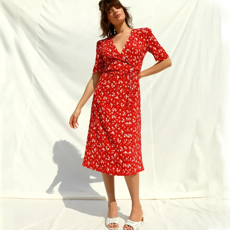 

Rouj* Women Dress French Red White Flower Slim V Neck Knee One Piece Wrap Midi Lace Tea Break Dresses Summer Vacation Skirt