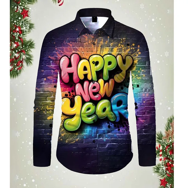 2025 Happy New Year Shirt 3D Print Graffiti Hip Hop Pattern Long Sleeve Shirts Festival Fashion Fun Trend Best Gift Blouse
