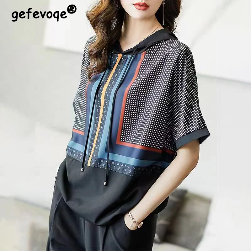 

Women's Clothing Summer Fashion Print Patchwork Luxury Design Elegant Blouse Short Sleeve Loose Drawstring Pullover Shirt Blusas