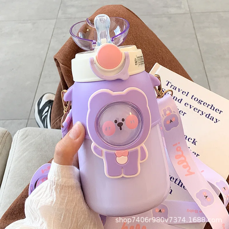 

600ml Stainless Steel Water Bottle Drinking Cup Leakproof Portable Water Bottle Handle Rope Kids School Vacuum Thermos Flask
