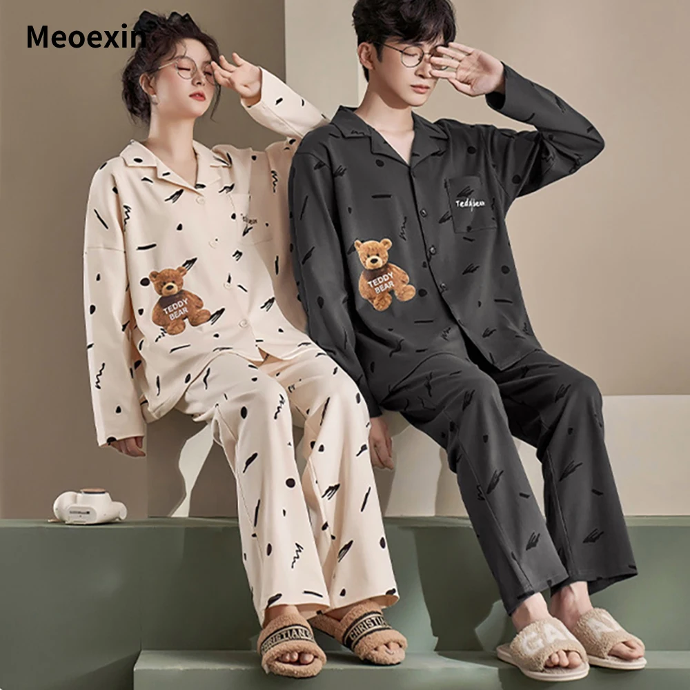 

Couple Pajamas Long Sleeved Pants Men's and Women's Home Wear Large Size Korean Home Wear Set Sports Set 2 Pieces Pajama Sets