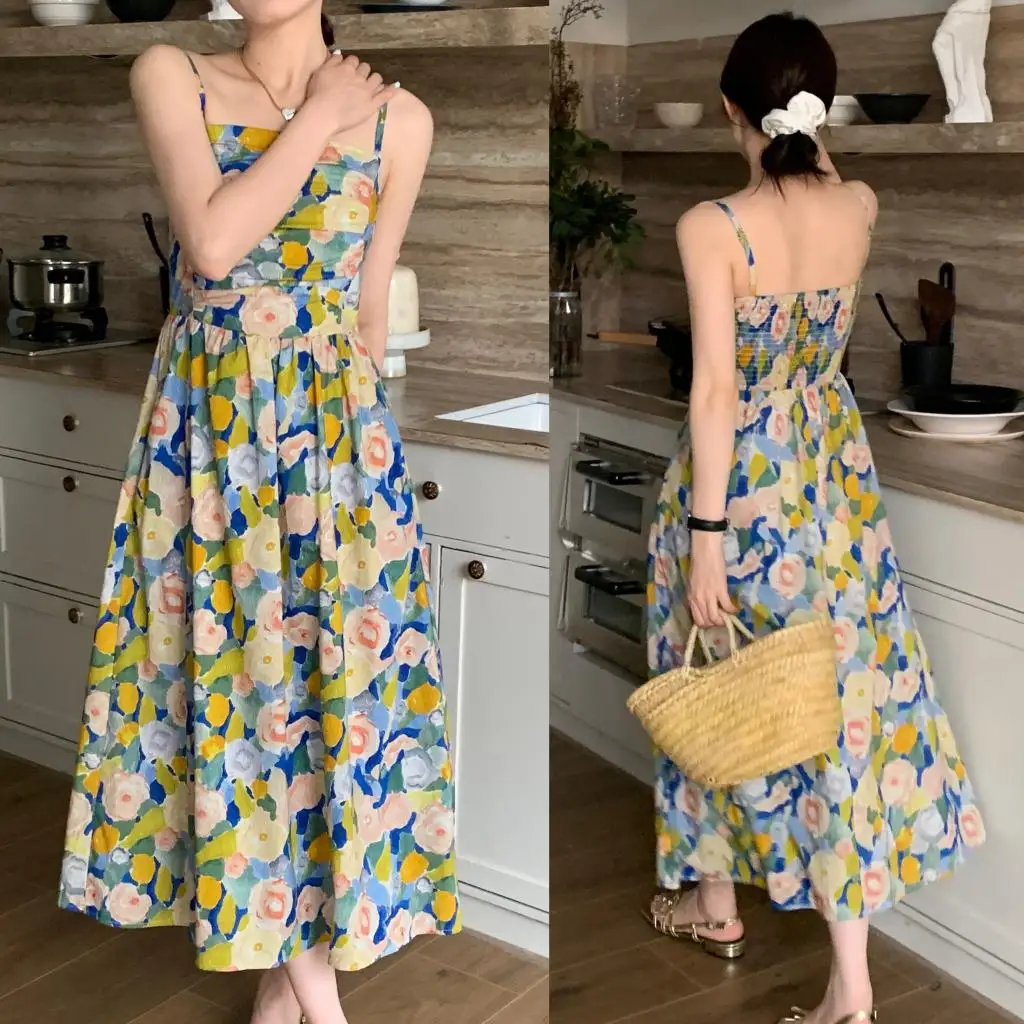 

2023 Summer Fashion Female Floral Dress Backless Woman Strap Dress Stretched High Waist Young Lady Holiday Clothes Beach Dresses