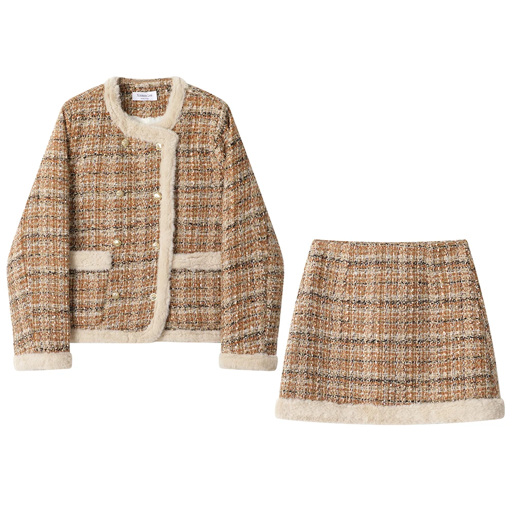 Xinmonlee French sle Elegant Socialite Graceful Fleece-lined Top Two-piece Set Winter A Word Short dress Temperament