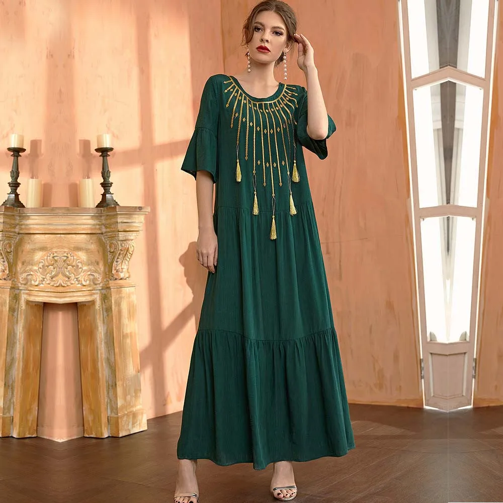 

Ramadan Dress Women Green Round Neck Embroidered Short Sleeve Loose Party Dress Muslim 2022 Kaftan Abayas Djellaba Kaftan
