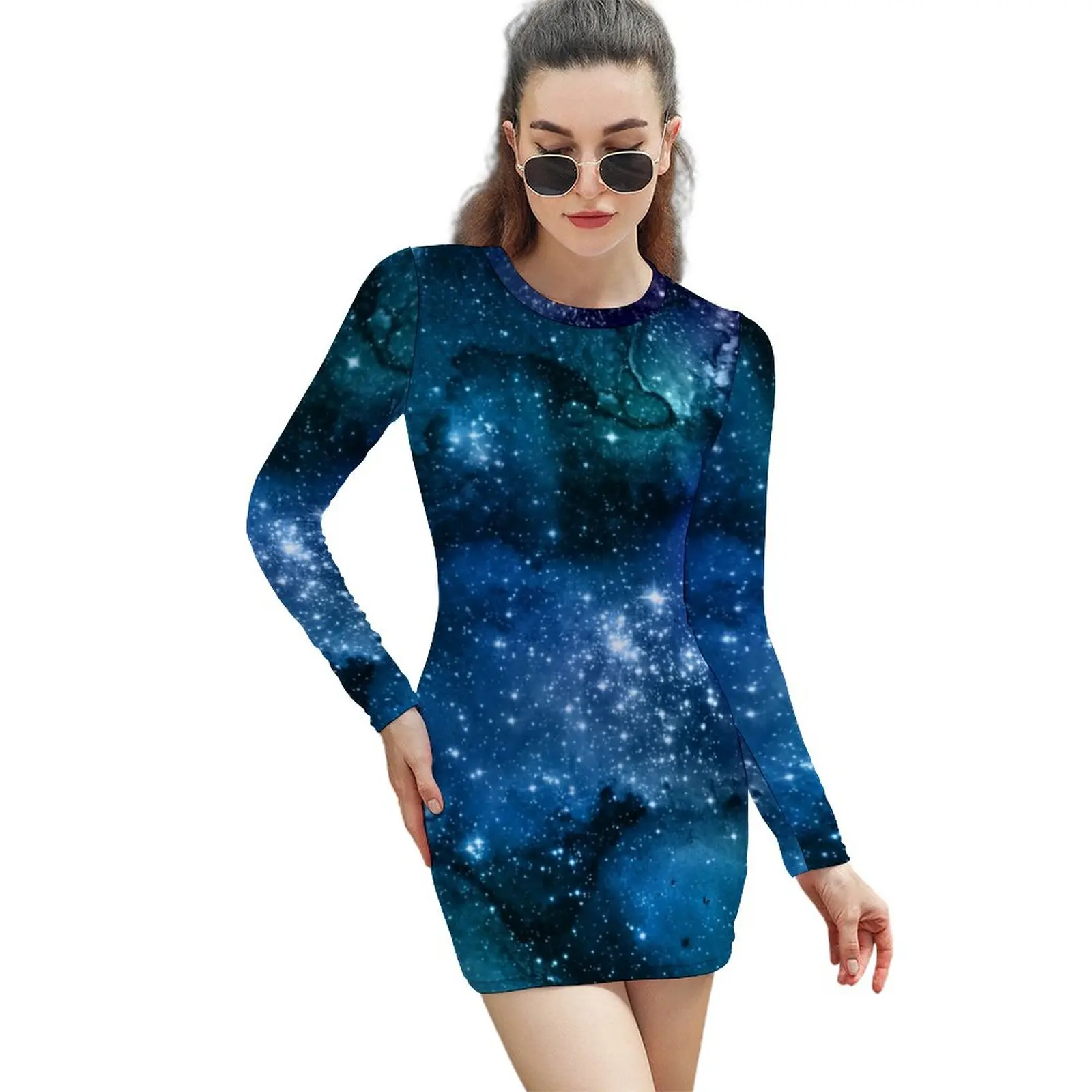 

Starry Space Dress Long Sleeve Galaxy Blue Sky Trendy Dresses Autumn Women Aesthetic Custom Bodycon Dress Big Size