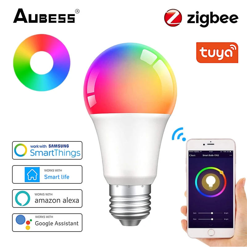 

Умная лампа Tuya Zigbee 9 Вт, Светодиодная лампа E27 RGB с регулируемой яркостью, с приложением Smart Life, голосовым управлением, работает с Alexa Google Home Alice