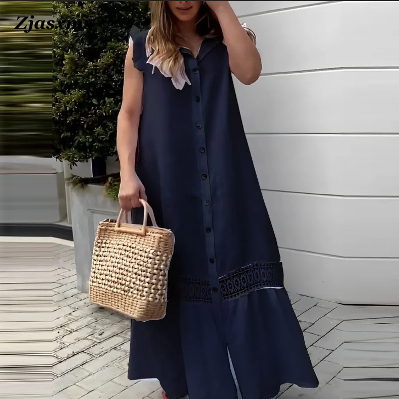 

Женское однотонное ажурное платье-рубашка, повседневное праздничное пляжное однобортное Платье макси с рукавом лотоса, лето 2023