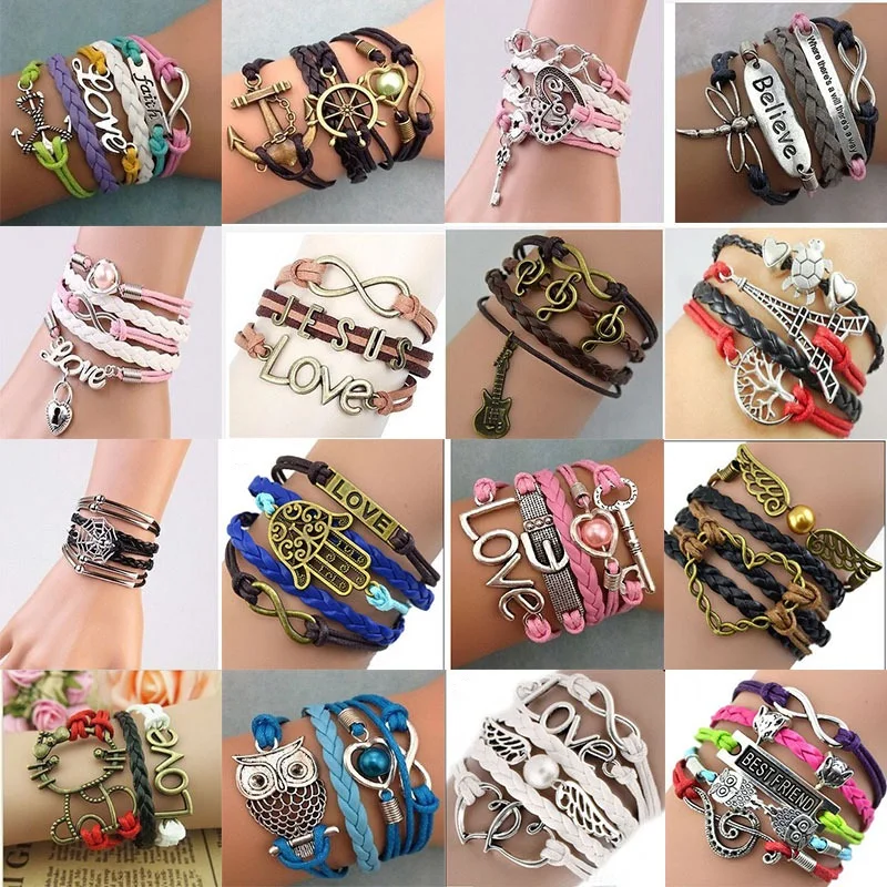 

Wholesale 24pcs/Lot Womens Bracelets Handmade Multilayer Metal Alloy PU Leather Rope Bangle Friendship Party Gift Fashion