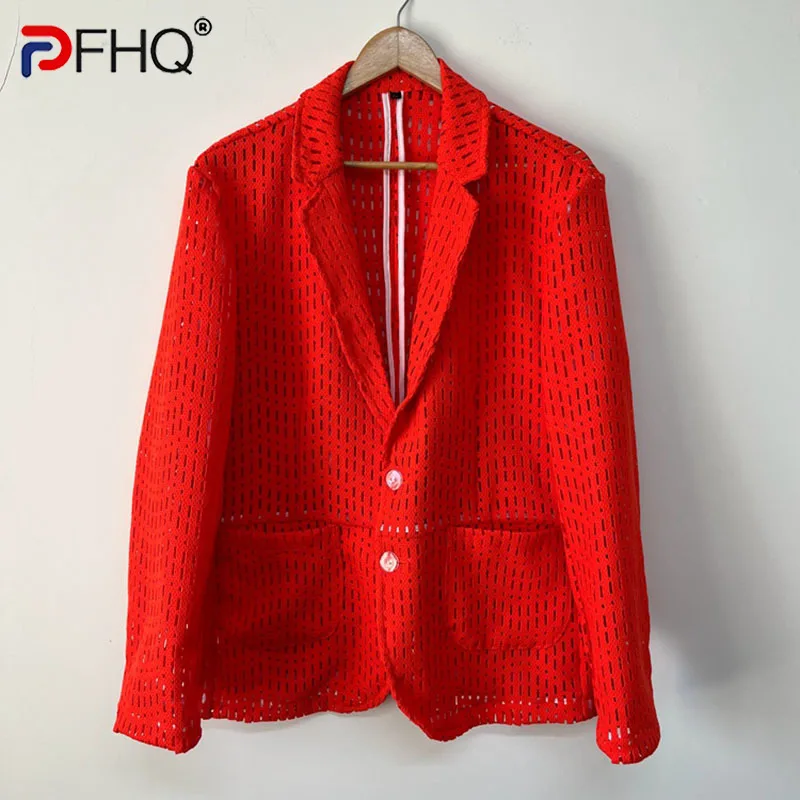 

PFHQ Solid Color Striped Hollow Out Long Sleeve Causal Blazers For Men Single Breasted Men's Coat 2023 Summer New Tide 21F3742