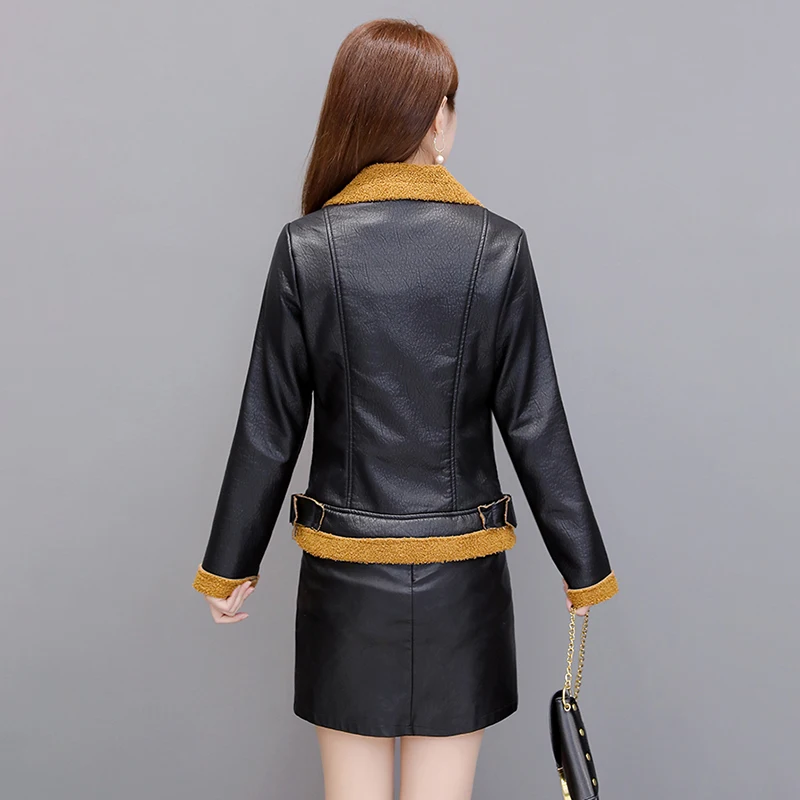 Women Winter Leather Jacket with Fur Shearling Warm Coat 2023 New Thick PU Slim Fit Business Work Short Top enlarge
