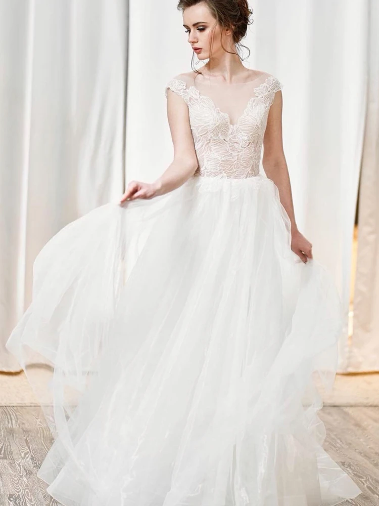 

Кружевное свадебное платье в стиле бохо с рукавом-крылышком, сексуальный женский лиф, плиссированное Тюлевое платье невесты со шлейфом и пуговицами