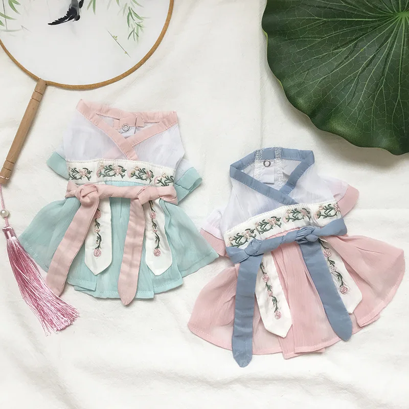 

Pet Dog Clothes Han Fu Dress for Dogs Clothing Cat Small Flower Embroidery Hanbiuk Skirt Cute Thin Summer Girl Pet Products 2022