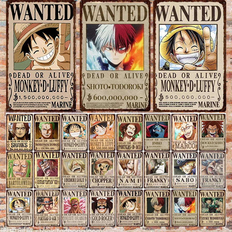 

Wanted Plaque Vintage Metal Tin Signs Home Bar Pub Decorative Plate One Piece Posters Wall Art Iron Painting Anime Fan's Gift