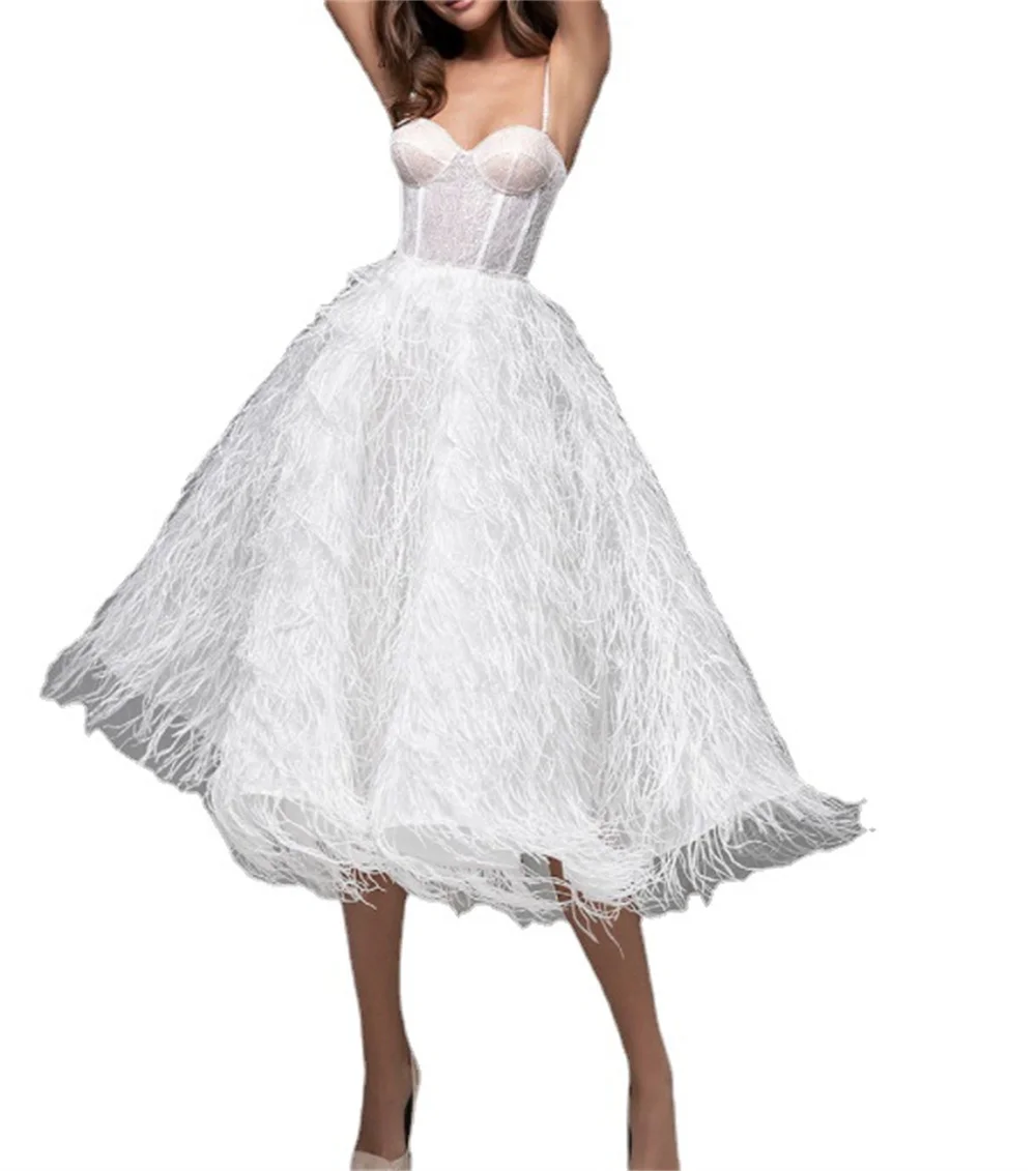 Women Sexy Feather Prom Evening Dress Spaghetti  Sleeveless Backless Party Dress Elegant High Waist A-Line Ball Gown Vestido