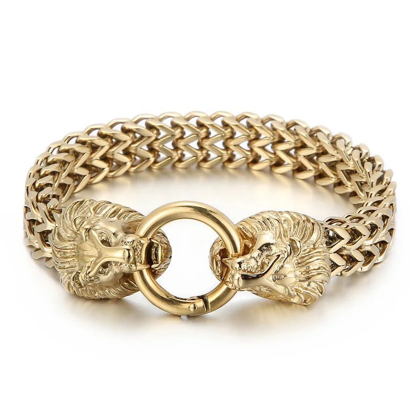 

12mm Heavy Punk Men 18K Gold Color Lion Head Bracelet Jewelry Hiphop Rock Stainless Steel Fashion Simple Mesh Link Chain Bangles