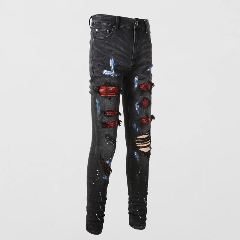 Street Fashion Men Jeans Retro Black Gray Stretch Slim Fit Paint Hole Ripped Jeans Men Patch Designer Hip Hop Brand Pants Hombre