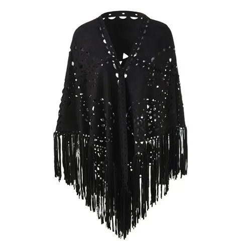 

Suede Floral Hollow Out Fringe Tassel Shawl Women Vintage Capes Ponchos Autumn Bohemian cardigan Cloak Elastic tassel Capes B2