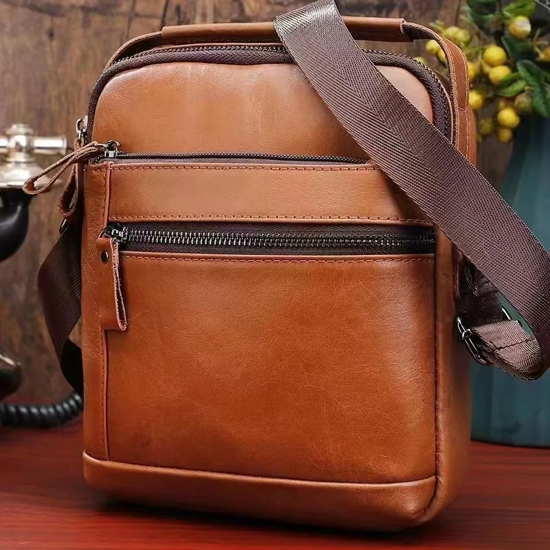 New Luxury Men Genuine Leather Shoulder Messenger Bag Retro Cowhide Crossbody Bag Casual Phone Bag For Male