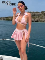 rockmore three piece sexy bikini pink stripes camis low rise thong lace up mini skirt sets beach women swimsuit biqu%c3%adni suit