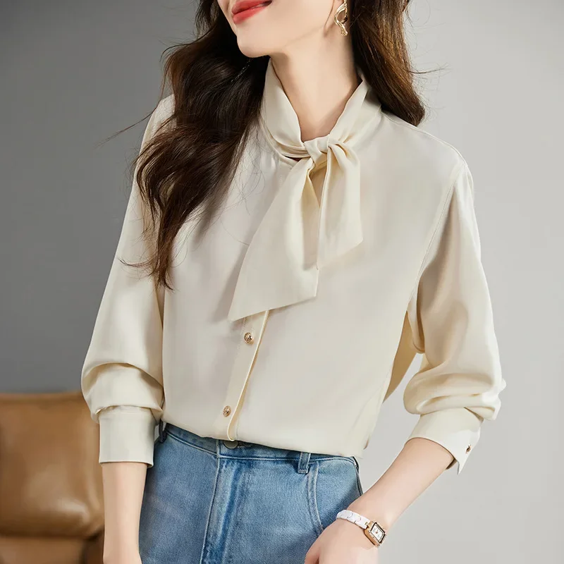 Элегантная однотонная женская рубашка с длинным рукавом художественный