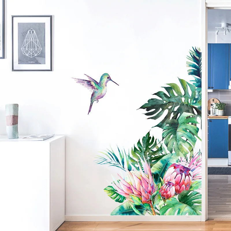 

Flowers Bird Wall Decals Mural Tropical Leaves Refrigerator Wall Stickers Removable Living Room Bedroom Decoration Home Decor