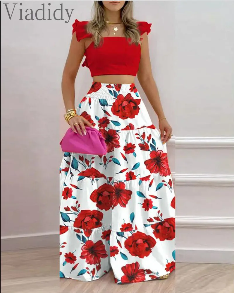 

Женский летний укороченный топ и юбка с цветочным принтом, комплект из 2 предметов