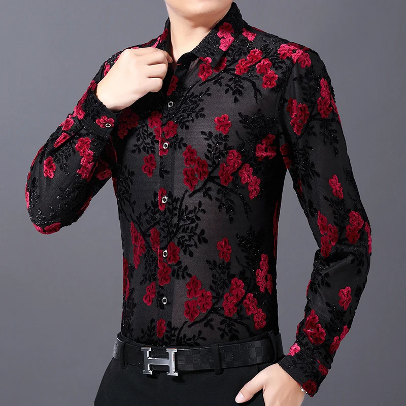 

2022 Spring Velvet Cutout Floral Shirts for Men Slim Fit Casual Shirt Social Party Tuxedo Blouse Nightclub Stage Singer Clothes