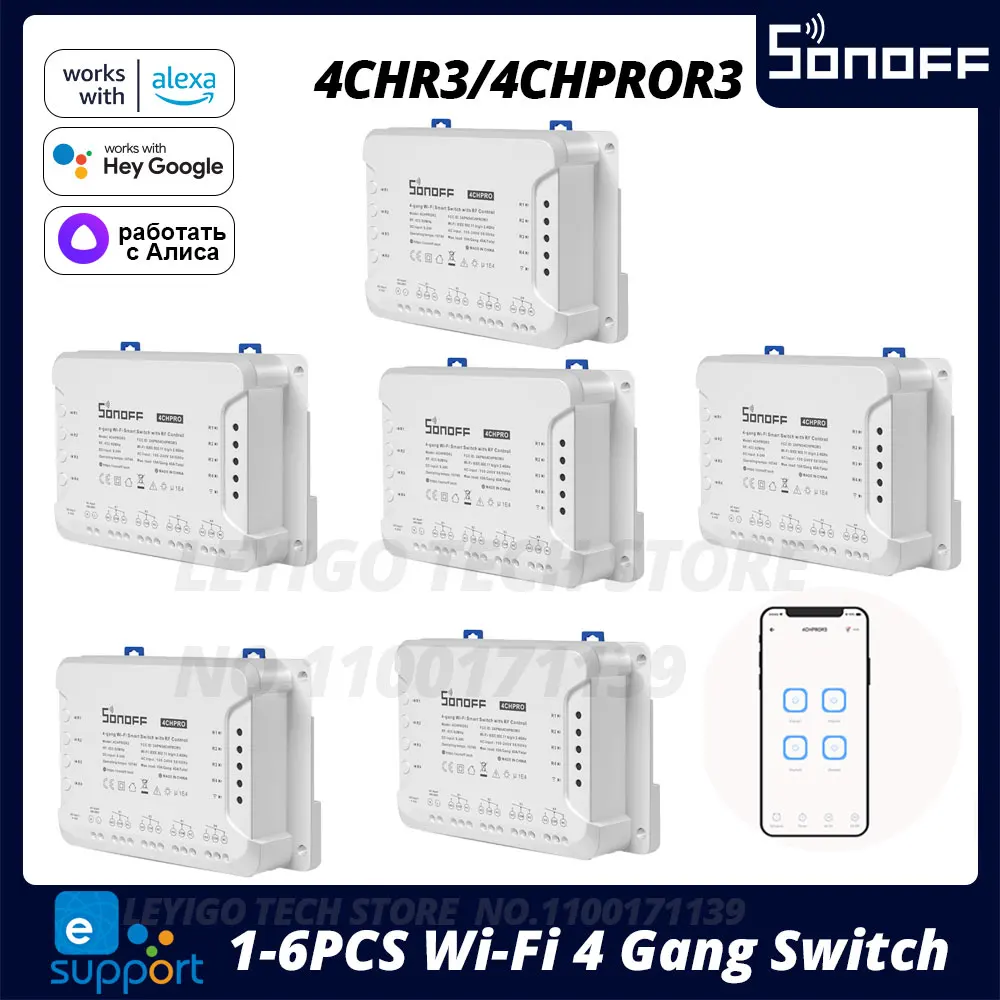 

1-6PCS SONOFF 4CHR3/ 4CHPROR3 Wifi Smart Home Switch Module Wi-fi Module 433Mhz RF Control Wifi 4 Gang Curtain/ Garage Switch