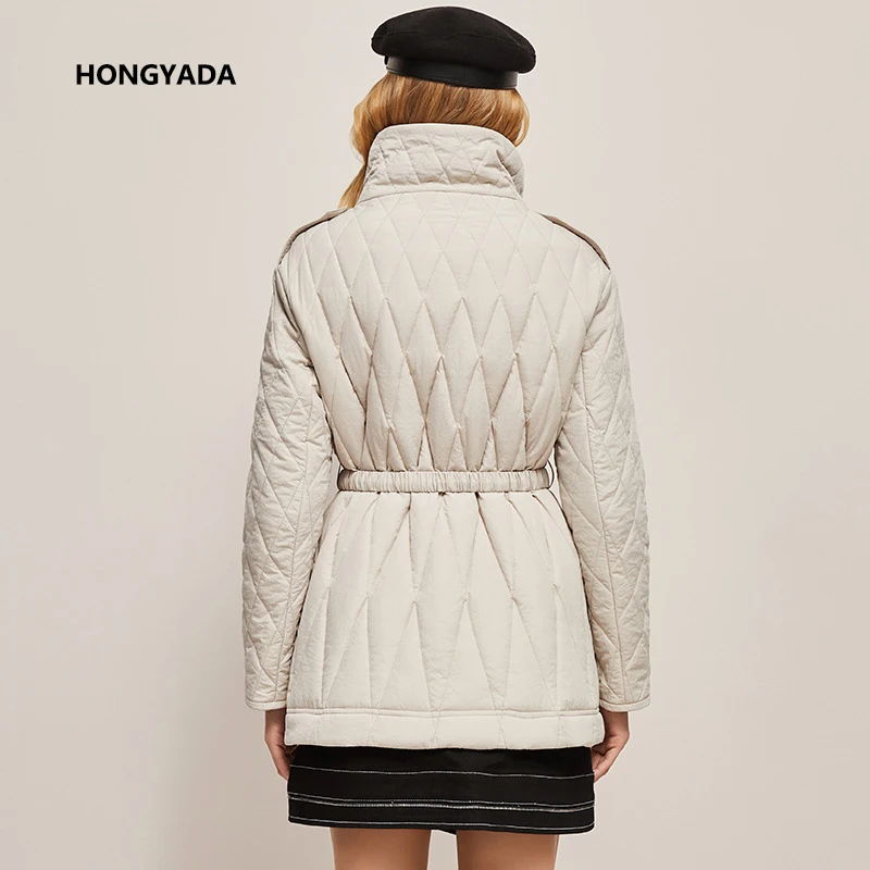 2022 Autumn and Winter New Retro Fashion Rhombus Mid-Length Casual down Cotton Jacket Coat Women