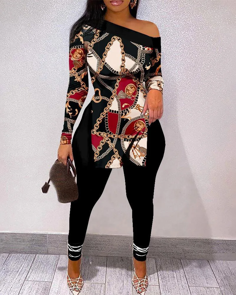 

Two Piece Sets Womens Outifits Chain Print Long Sleeve Casual Skew Neck Split Hem Top & Skinny Long Pants Set Spring 2023