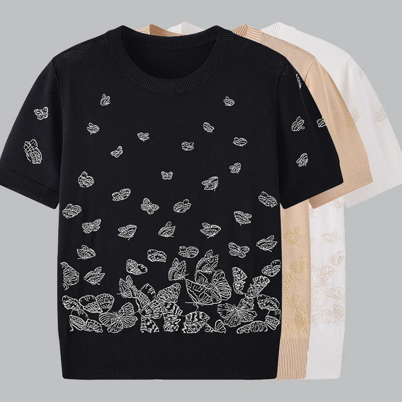 Новинка летний пуловер с круглым вырезом Модная трикотажная одежда вышивкой в