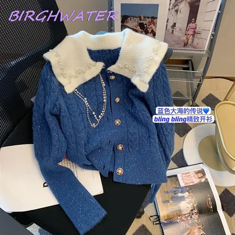 

Новинка 2022, кардиган, женский теплый свитер, модный синий вязаный однобортный свитер с воротником Питер Пэн и жемчужинами